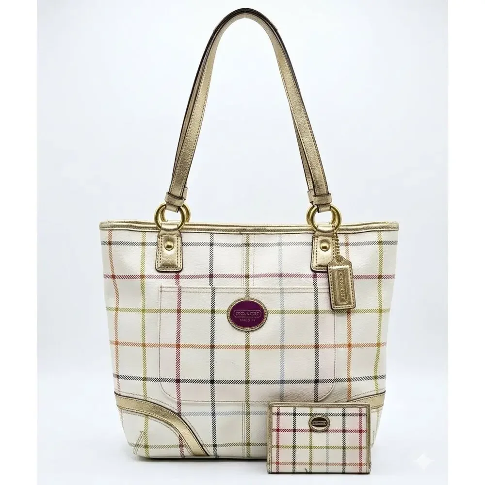🌟 NWOT Coach Peyton Tattersall Plaid Tote Bag & Matching Wallet Set 🌟